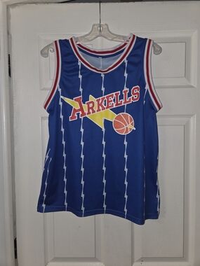 Arkells Rally 22 Sz Small Blue Basketball Jersey with Yellow & Red Graphics